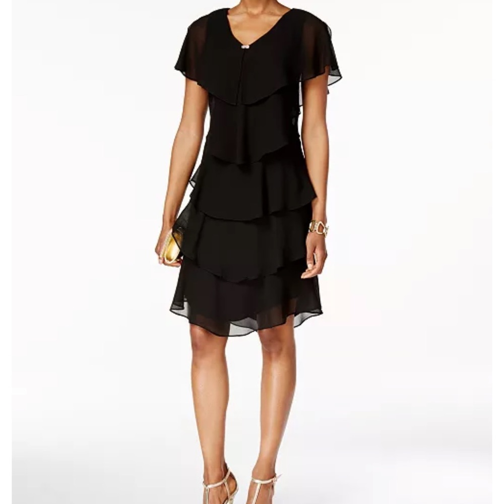 SLNY Bloomingdale’s Tiered Rhinestone Capelet Dress